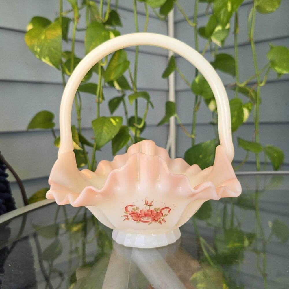 Fenton Pink Tipped Ruffle Custard Glass Basket Hand Painted Signed S. Hart